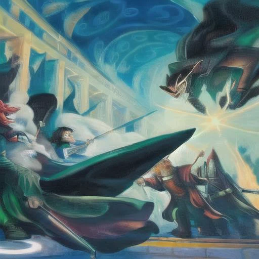 wizard battle on right side bad guys with green magic and on left good guys with red magic, by HarryPotterStyle