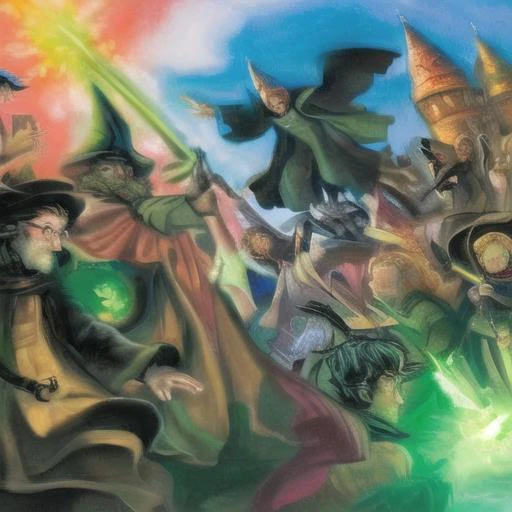 wizard battle on right side bad guys with green magic and on left good guys with red magic, by HarryPotterStyle