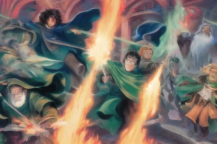 wizard battle on right side bad guys with green magic and on left good guys with red magic, by HarryPotterStyle