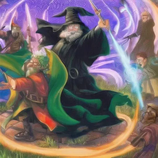 wizard battle on right side bad guys with green magic and on left good guys with red magic, by HarryPotterStyle