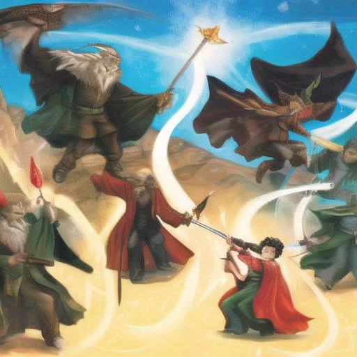wizard battle on right side bad guys with green magic and on left good guys with red magic, by HarryPotterStyle