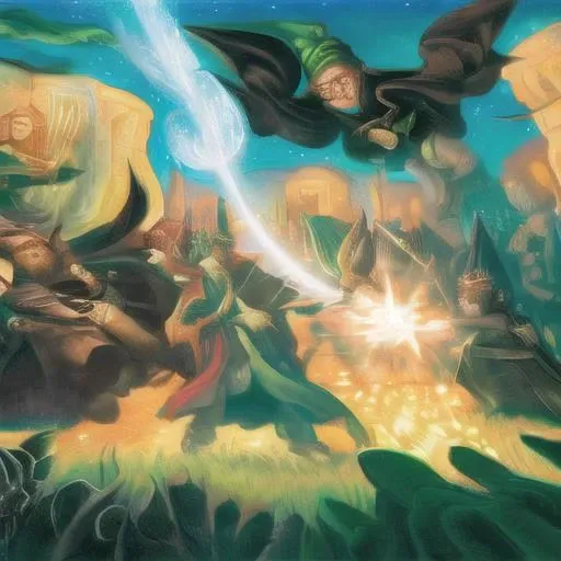 wizard battle on right side bad guys with green magic and on left good guys with red magic, by HarryPotterStyle