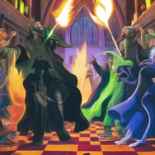 wizard battle on right side bad guys with green magic and on left good guys with red magic, by HarryPotterStyle