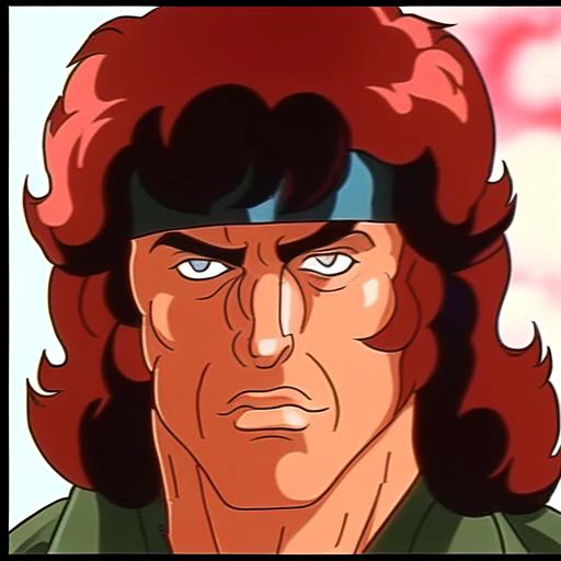 john rambo,looking at viewer,closely face,anime 90s style,war background