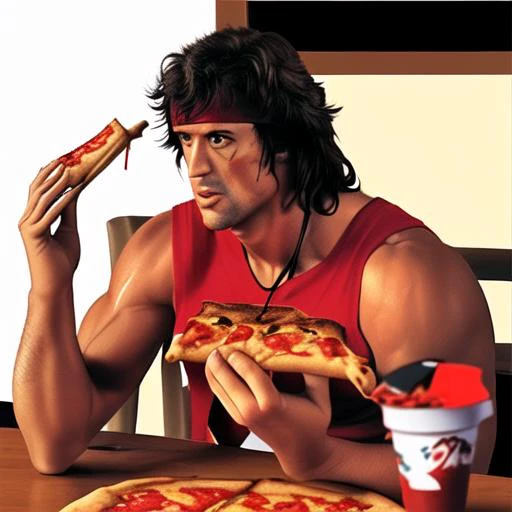 john rambo eating pizza in the restaurant,detailed