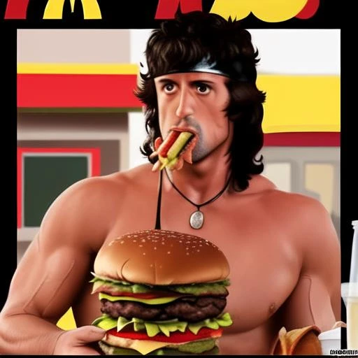 john rambo,eating a burger at McDonald's,detailed