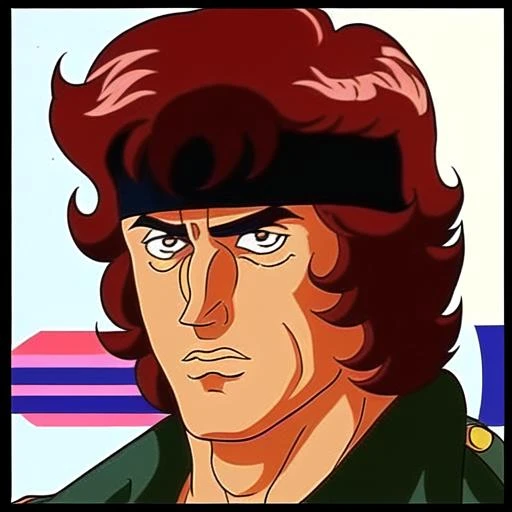 john rambo,looking at viewer,closely face,anime 90s style,war background