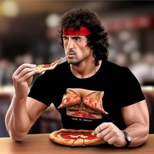 john rambo eating pizza in the restaurant,detailed,in t-shirt