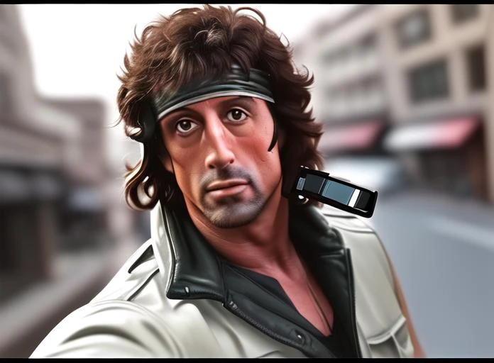 john rambo,looking at viewer,face half close,smlie,street background,taking a selfie with a cell phone's front camera