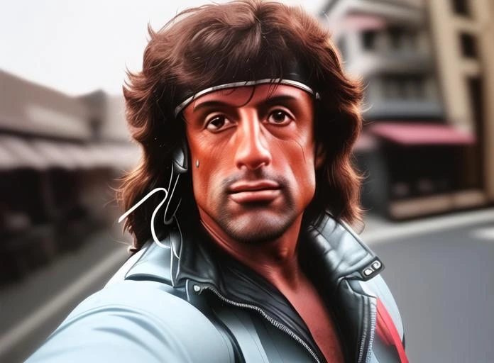 john rambo,looking at viewer,face half close,smlie,street background,taking a selfie with a cell phone's front camera