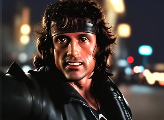 john rambo.looking at viewer,taking a selfie with a cell phone's front camera,smile,street background,night