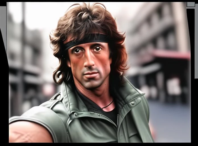 john rambo,looking at viewer,face half close,smlie,street background,taking a selfie with a cell phone's front camera