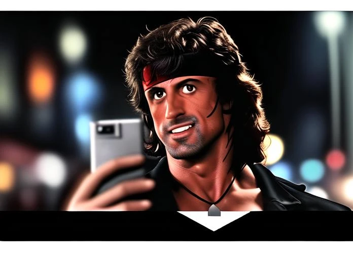 john rambo.looking at viewer,taking a selfie with a cell phone's front camera,smile,street background,night