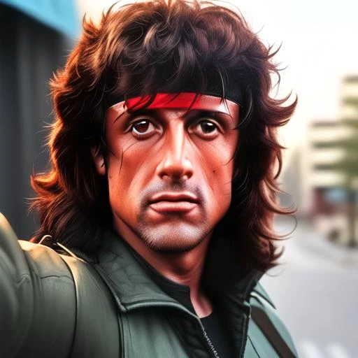 john rambo,looking at viewer,face half close,taking a selfie,smlie,street background