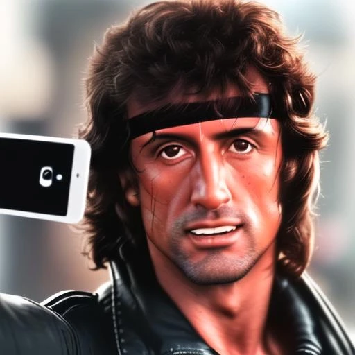 john rambo,looking at viewer,face half close,smlie,street background,taking a selfie with a cell phone's front camera