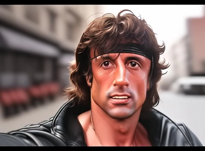 john rambo,looking at viewer,face half close,smlie,street background,taking a selfie with a cell phone's front camera