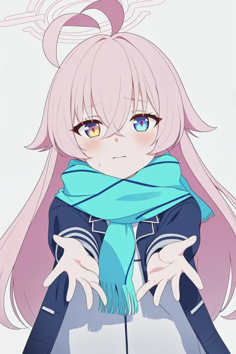 ((best quality, masterpiece:1.3)),simple background,white background,
<lora:HoshinoBA-10:0.9>,hoshino,ahoge,halo,
1girl,solo,scarf,halo,long hair,looking at viewer,bangs,blush,hair between eyes,closed mouth,jacket,upper body,coat,blurry,(breath:1.2),winter clothes,pov,outstretched arms,