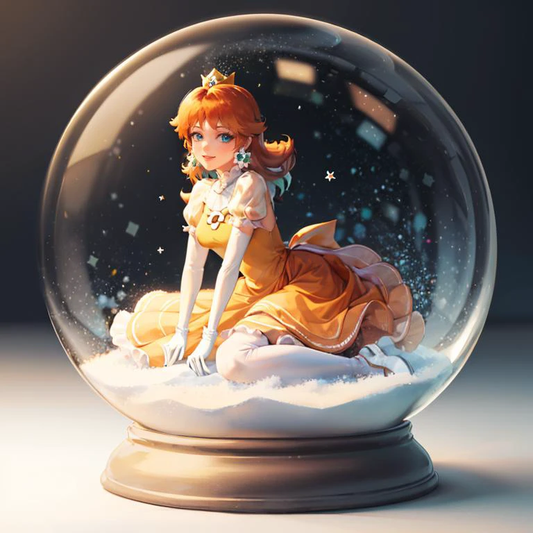 <lora:snow_globe:0.8>, snow_globe,(masterpiece, best quality), 1girl, <lora:princessdaisy-lora-nochekaiser:1> princess daisy, blue eyes, long hair, orange hair, crown, daisy, dress, flower, gem, gloves, orange dress, puffy short sleeves, puffy sleeves, short sleeves, white gloves,smiling,