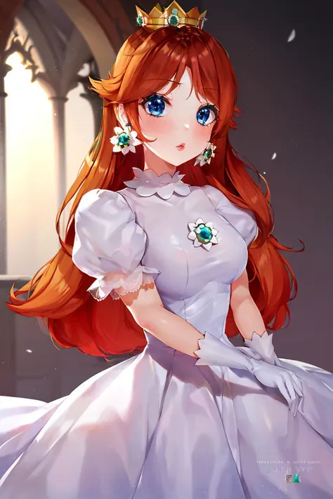 <lora:Puppypaww_Style:0.8>, (masterpiece, best quality), 1girl,   <lora:princessdaisy-lora-nochekaiser:1> princess daisy, blue eyes, long hair, orange hair, crown, daisy, dress, flower, gem, gloves, orange dress, puffy short sleeves, puffy sleeves, short sleeves, white gloves,