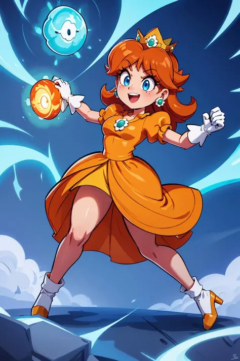 <lora:Aura_v1:0.6>, Aura, energy, glowing,swirling energy, dynamic pose, (masterpiece, best quality), 1girl, <lora:princessdaisy-lora-nochekaiser:1> princess daisy, blue eyes, long hair, orange hair, crown, daisy, dress, flower, gem, gloves, orange dress, puffy short sleeves, puffy sleeves, short sleeves, white gloves,smiling,