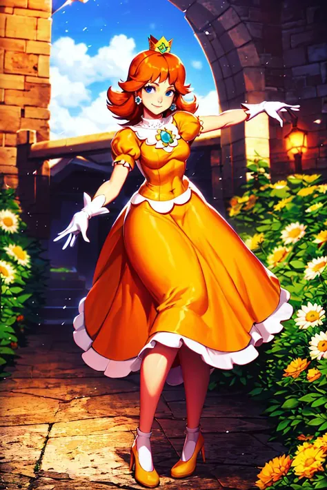 <lora:Genzoman_Style_Dim64:0.6>, , (masterpiece, best quality), 1girl,   <lora:princessdaisy-lora-nochekaiser:1> princess daisy, blue eyes, long hair, orange hair, crown, daisy, dress, flower, gem, gloves, orange dress, puffy short sleeves, puffy sleeves, short sleeves, white gloves,smiling,