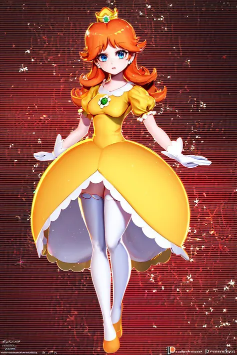 (masterpiece, best quality), 1girl,   outline, <lora:princessdaisy-lora-nochekaiser:1> princess daisy, blue eyes, long hair, orange hair, crown, daisy, dress, flower, gem, gloves, orange dress, puffy short sleeves, puffy sleeves, short sleeves, white gloves,