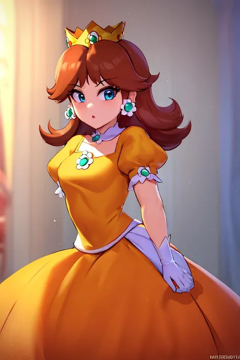 <lora:twistedscarlett60_style:0.8>,(masterpiece, best quality), 1girl,   <lora:princessdaisy-lora-nochekaiser:1> princess daisy, blue eyes, long hair, orange hair, crown, daisy, dress, flower, gem, gloves, orange dress, puffy short sleeves, puffy sleeves, short sleeves, white gloves,