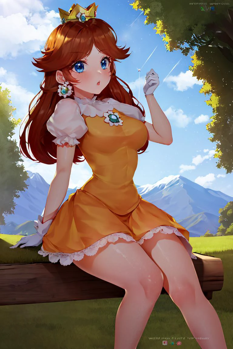<lora:Puppypaww_Style:0.8>, (masterpiece, best quality), 1girl, <lora:princessdaisy-lora-nochekaiser:1> princess daisy, blue eyes, long hair, orange hair, crown, daisy, dress, flower, gem, gloves, orange dress, puffy short sleeves, puffy sleeves, short sleeves, white gloves,