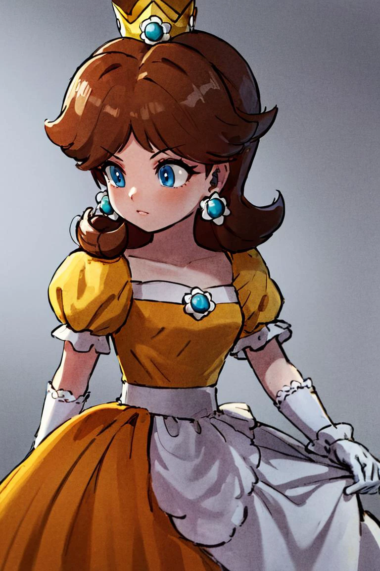 <lora:Toriyama_Akira_Style:0.8>, (masterpiece, best quality), 1girl, <lora:princessdaisy-lora-nochekaiser:1> princess daisy, blue eyes, long hair, orange hair, crown, daisy, dress, flower, gem, gloves, orange dress, puffy short sleeves, puffy sleeves, short sleeves, white gloves,