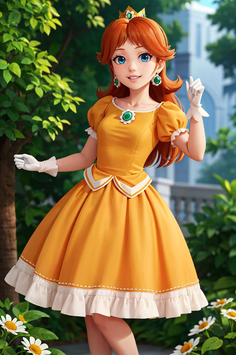 (masterpiece, best quality), 1girl, <lora:princessdaisy-lora-nochekaiser:1> princess daisy, blue eyes, long hair, orange hair, crown, daisy, dress, flower, gem, gloves, orange dress, puffy short sleeves, puffy sleeves, short sleeves, white gloves,smiling,