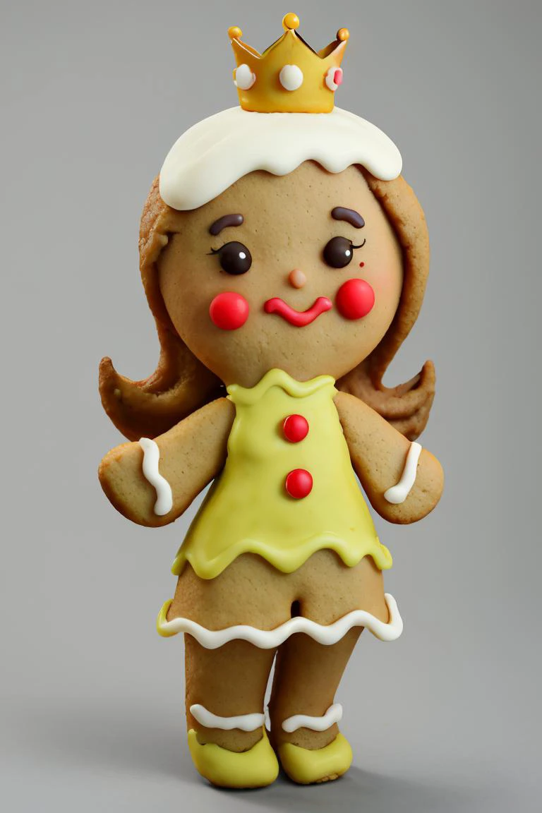 ((masterpiece,best quality)), absurdres,
<lora:Gingerbread_Man:0.9>, Gingerbread_Man, food, cookie, food focus,
simple background, grey background,
1girl,
<lora:princessdaisy-lora-nochekaiser:1> princess daisy, long hair, orange hair, crown, (yellow dress:1.1)