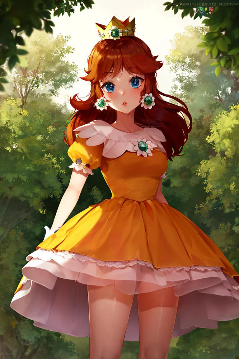 <lora:Puppypaww_Style:0.8>, (masterpiece, best quality), 1girl, <lora:princessdaisy-lora-nochekaiser:1> princess daisy, blue eyes, long hair, orange hair, crown, daisy, dress, flower, gem, gloves, orange dress, puffy short sleeves, puffy sleeves, short sleeves, white gloves,
