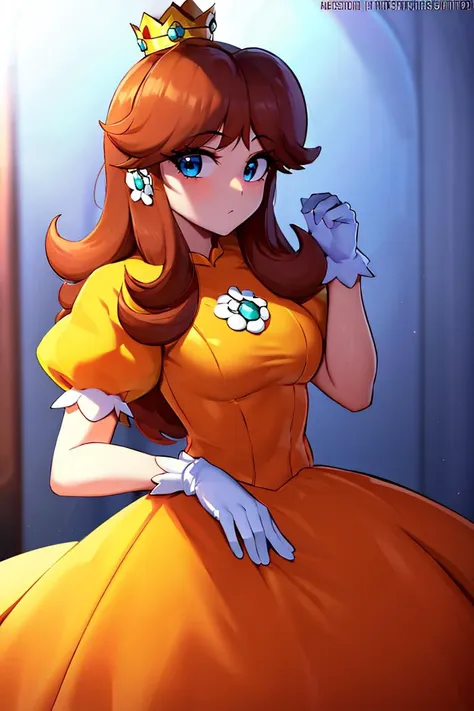 <lora:twistedscarlett60_style:0.8>,(masterpiece, best quality), 1girl,   <lora:princessdaisy-lora-nochekaiser:1> princess daisy, blue eyes, long hair, orange hair, crown, daisy, dress, flower, gem, gloves, orange dress, puffy short sleeves, puffy sleeves, short sleeves, white gloves,