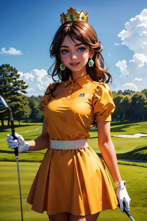 princess daisy, blue eyes, long brown hair, earrings, crown,wearing a orange shirt, skirt, gloves, short sleeves, looking at viewer, smiling,
standing in a golf field, holding 9 iron, blue sky, greens, extreme detail, masterpiece, <lora:princessdaisy-lora-nochekaiser:.7>