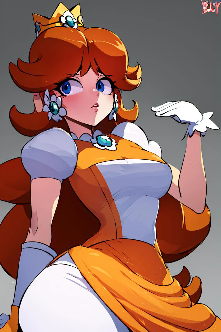 <lora:Bigdead_Style_Dim32:0.8>, (masterpiece, best quality), 1girl, <lora:princessdaisy-lora-nochekaiser:1> princess daisy, blue eyes, long hair, orange hair, crown, daisy, dress, flower, gem, gloves, orange dress, puffy short sleeves, puffy sleeves, short sleeves, white gloves,