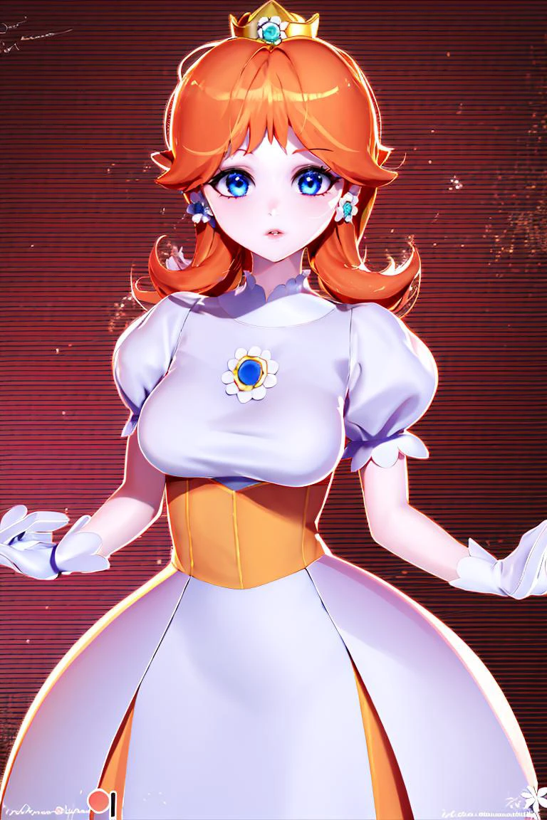(masterpiece, best quality), 1girl, <lora:princessdaisy-lora-nochekaiser:1> princess daisy, blue eyes, long hair, orange hair, crown, daisy, dress, flower, gem, gloves, orange dress, puffy short sleeves, puffy sleeves, short sleeves, white gloves,