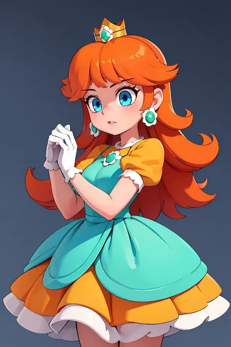 (masterpiece, best quality), 1girl, <lora:princessdaisy-lora-nochekaiser:1> princess daisy, blue eyes, long hair, orange hair, crown, daisy, dress, flower, gem, gloves, orange dress, puffy short sleeves, puffy sleeves, short sleeves, white gloves,