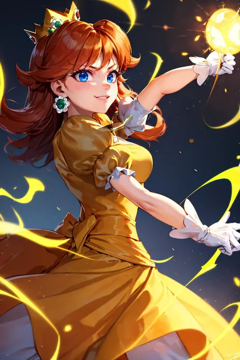 <lora:Aura_v1:0.6>, Aura, energy, glowing,swirling energy, dynamic pose, (masterpiece, best quality), 1girl,   <lora:princessdaisy-lora-nochekaiser:1> princess daisy, blue eyes, long hair, orange hair, crown, daisy, dress, flower, gem, gloves, orange dress, puffy short sleeves, puffy sleeves, short sleeves, white gloves,smiling,