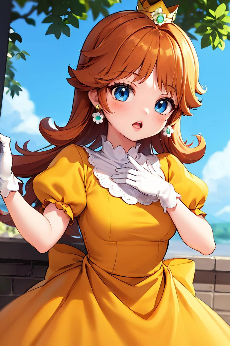 (masterpiece, best quality), 1girl, <lora:princessdaisy-lora-nochekaiser:1> princess daisy, blue eyes, long hair, orange hair, crown, daisy, dress, flower, gem, gloves, orange dress, puffy short sleeves, puffy sleeves, short sleeves, white gloves,
