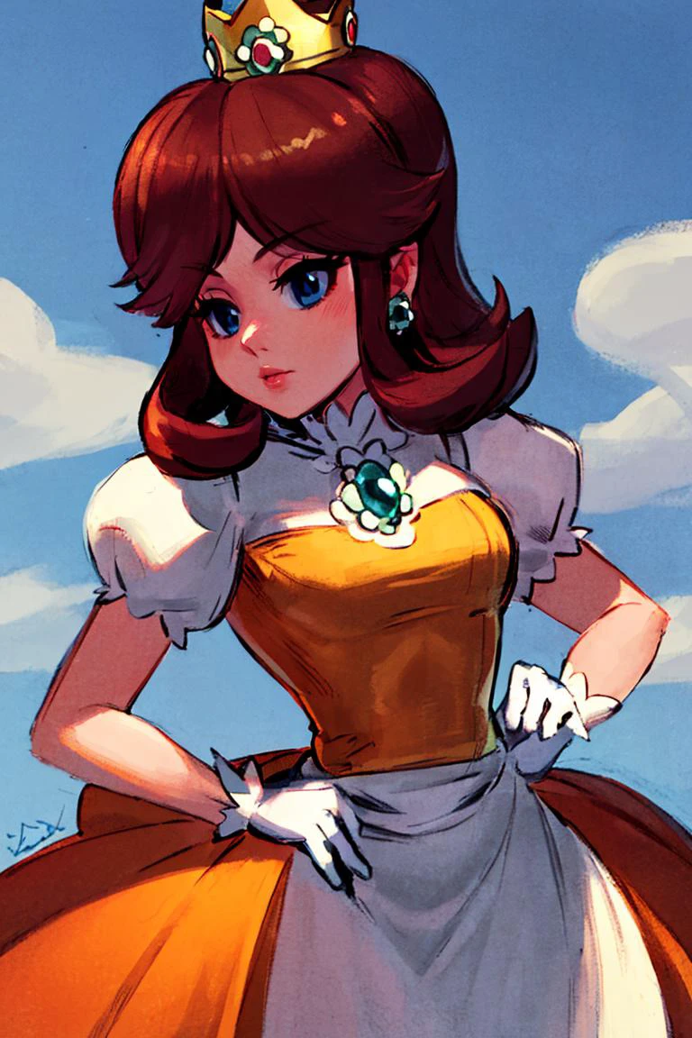 <lora:Alex_Ahad_Style:0.8>, (masterpiece, best quality), 1girl, <lora:princessdaisy-lora-nochekaiser:1> princess daisy, blue eyes, long hair, orange hair, crown, daisy, dress, flower, gem, gloves, orange dress, puffy short sleeves, puffy sleeves, short sleeves, white gloves,