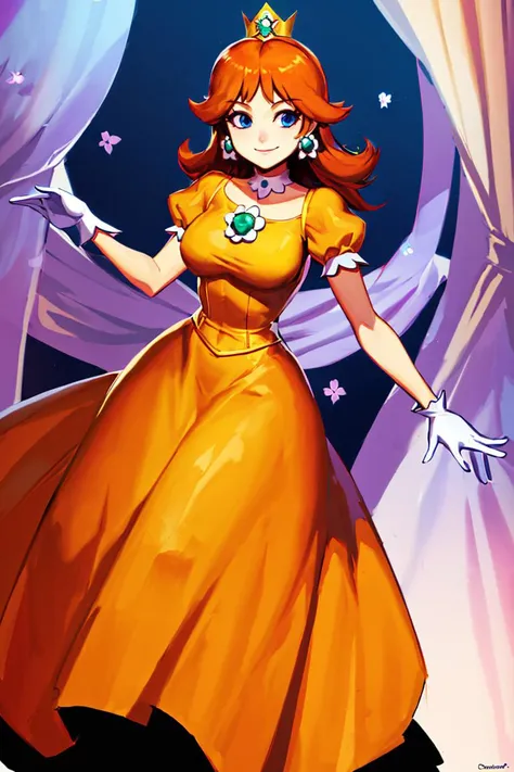 <lora:Genzoman_Style_Dim64:0.6>, , (masterpiece, best quality), 1girl,   <lora:princessdaisy-lora-nochekaiser:1> princess daisy, blue eyes, long hair, orange hair, crown, daisy, dress, flower, gem, gloves, orange dress, puffy short sleeves, puffy sleeves, short sleeves, white gloves,smiling,