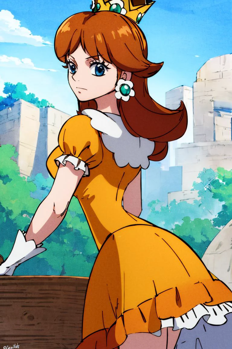 <lora:Oda_Eiichirou_Animation_Style_Dim32:0.8>, (masterpiece, best quality), 1girl, <lora:princessdaisy-lora-nochekaiser:1> princess daisy, blue eyes, long hair, orange hair, crown, daisy, dress, flower, gem, gloves, orange dress, puffy short sleeves, puffy sleeves, short sleeves, white gloves,