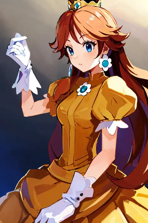 <lora:Harada_Takehito_Style_Dim32:0.8>, (masterpiece, best quality), 1girl, <lora:princessdaisy-lora-nochekaiser:1> princess daisy, blue eyes, long hair, orange hair, crown, daisy, dress, flower, gem, gloves, orange dress, puffy short sleeves, puffy sleeves, short sleeves, white gloves,