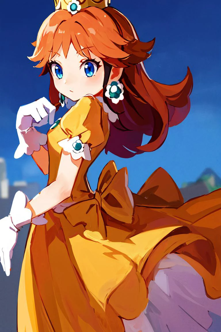 <lora:Harada_Takehito_Style_Dim32:0.8>, (masterpiece, best quality), 1girl, <lora:princessdaisy-lora-nochekaiser:1> princess daisy, blue eyes, long hair, orange hair, crown, daisy, dress, flower, gem, gloves, orange dress, puffy short sleeves, puffy sleeves, short sleeves, white gloves,