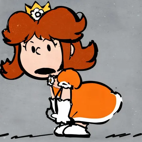 <lora:Charles_Schulz_Style_Dim32:0.8>, chibi, style parody, (masterpiece, best quality), 1girl, <lora:princessdaisy-lora-nochekaiser:1> princess daisy, solo, blue eyes, long hair, orange hair, crown, daisy, dress, flower, gem, gloves, orange dress, puffy short sleeves, puffy sleeves, short sleeves, white gloves, full body, simple background,