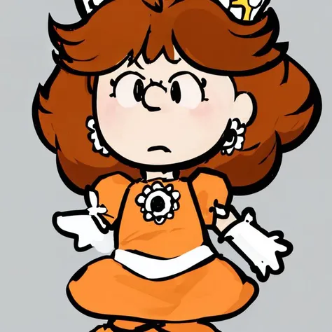 <lora:Charles_Schulz_Style_Dim32:0.8>, chibi, style parody, (masterpiece, best quality), 1girl, <lora:princessdaisy-lora-nochekaiser:1> princess daisy, solo, blue eyes, long hair, orange hair, crown, daisy, dress, flower, gem, gloves, orange dress, puffy short sleeves, puffy sleeves, short sleeves, white gloves, full body, simple background,