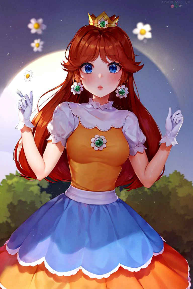 <lora:Puppypaww_Style:0.8>, (masterpiece, best quality), 1girl, <lora:princessdaisy-lora-nochekaiser:1> princess daisy, blue eyes, long hair, orange hair, crown, daisy, dress, flower, gem, gloves, orange dress, puffy short sleeves, puffy sleeves, short sleeves, white gloves,