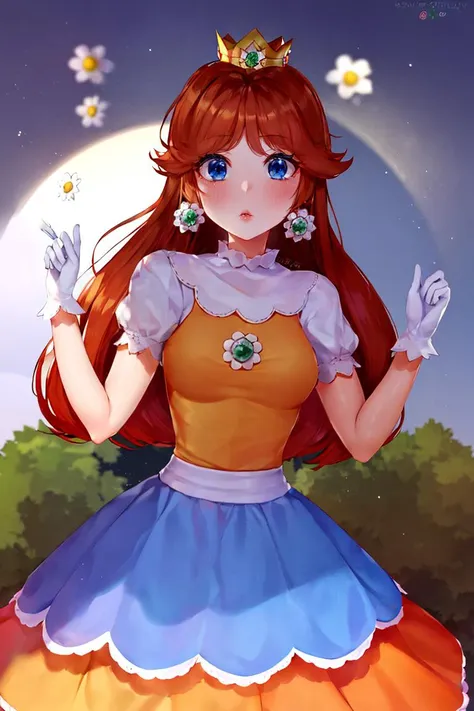 <lora:Puppypaww_Style:0.8>, (masterpiece, best quality), 1girl,   <lora:princessdaisy-lora-nochekaiser:1> princess daisy, blue eyes, long hair, orange hair, crown, daisy, dress, flower, gem, gloves, orange dress, puffy short sleeves, puffy sleeves, short sleeves, white gloves,