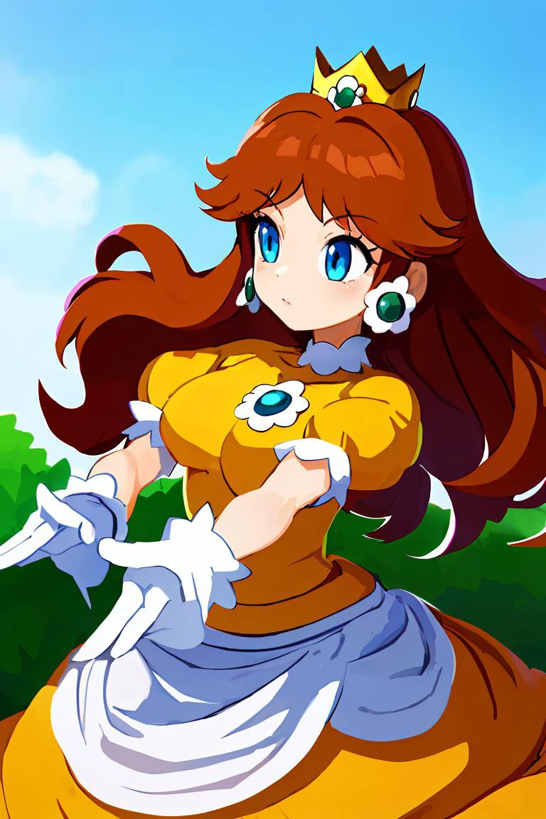 (masterpiece, best quality), 1girl, <lora:princessdaisy-lora-nochekaiser:1> princess daisy, blue eyes, long hair, orange hair, crown, daisy, dress, flower, gem, gloves, orange dress, puffy short sleeves, puffy sleeves, short sleeves, white gloves,