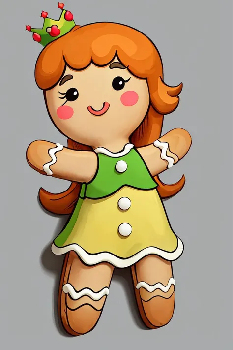 ((masterpiece,best quality)), absurdres,
<lora:Gingerbread_Man:0.9>, Gingerbread_Man, food, cookie, food focus,
simple background, grey background,
1girl,
<lora:princessdaisy-lora-nochekaiser:0.7> princess daisy, long hair, orange hair, crown, yellow dress